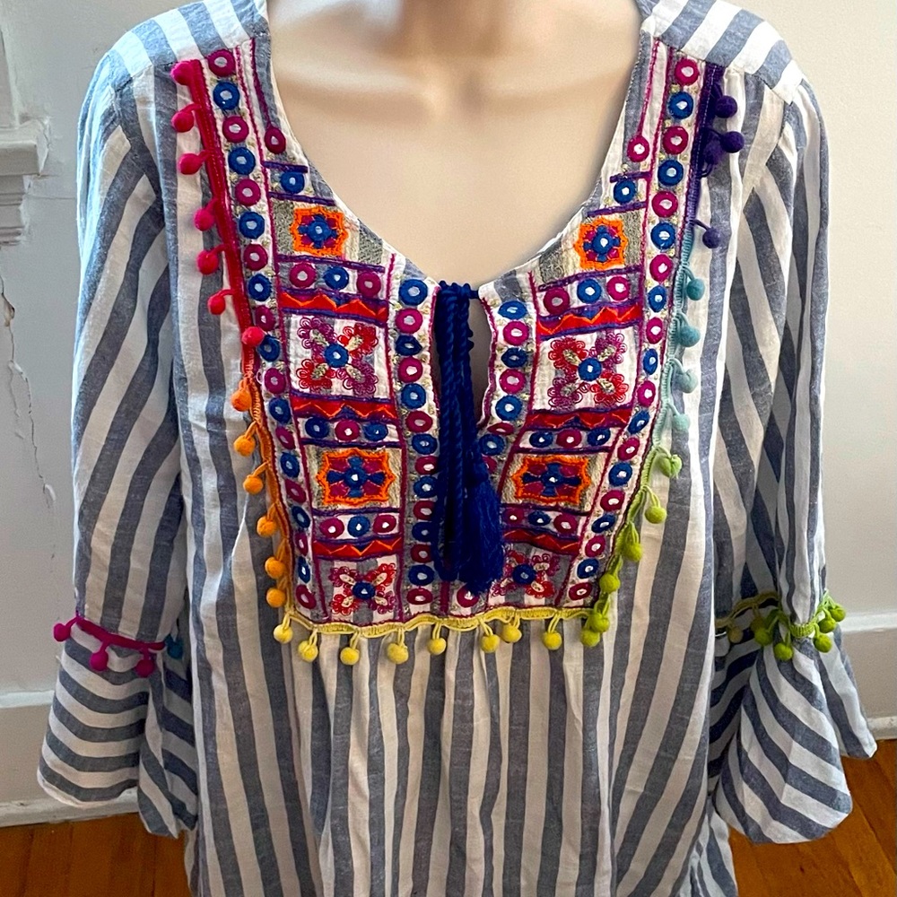 Blue Island striped navy white embroidered bell sleeve tunic cover up, size 1X